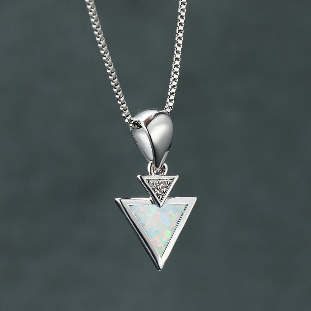 Simple Opal Double Triangle Pendant Necklace