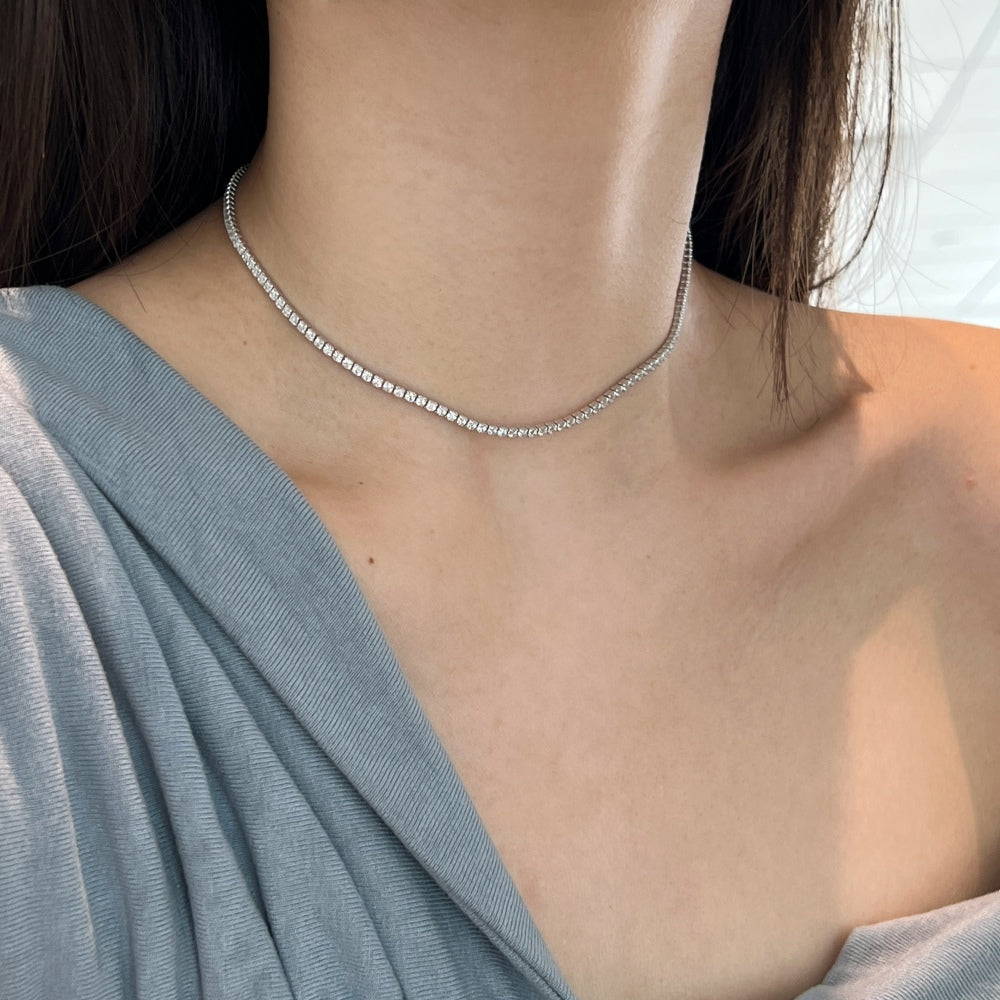 Women's Single Row Tennis Necklace, Prong‑Set Square Zirconia Inlay, S925 with White Gold Plating
