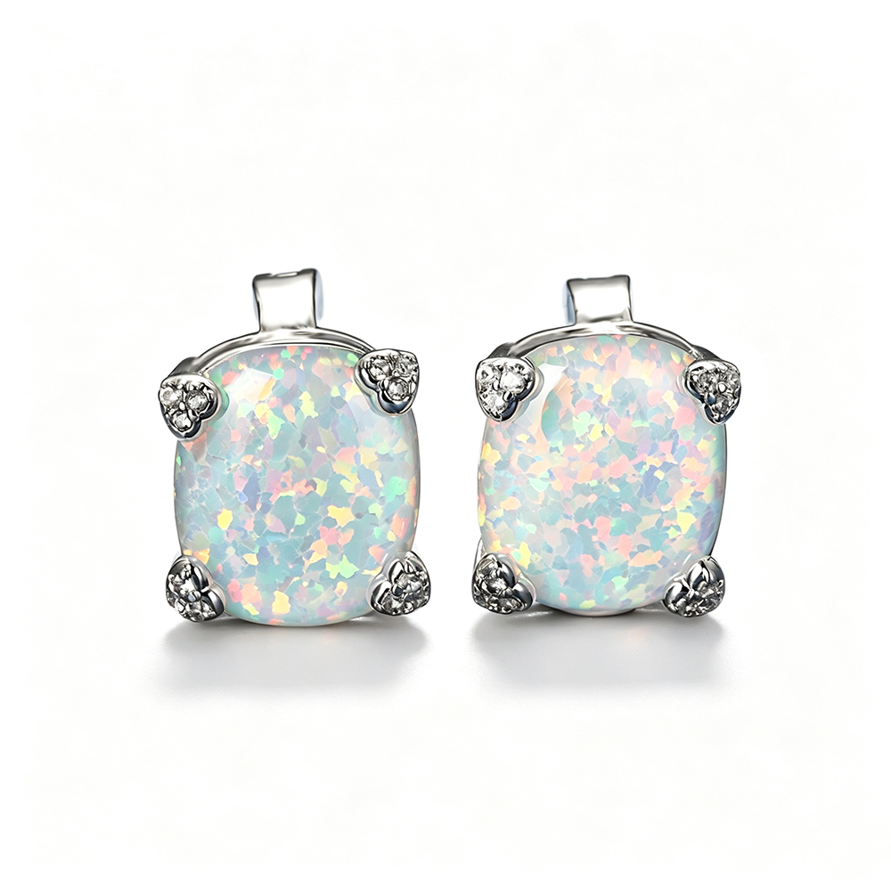 Women's Exquisite Oval‑Shape Heart‑Prong Zirconia Blue / White Opal Stud Earrings, with White Gold Plating