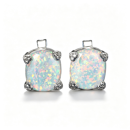 Women's Exquisite Oval‑Shape Heart‑Prong Zirconia Blue / White Opal Stud Earrings, with White Gold Plating