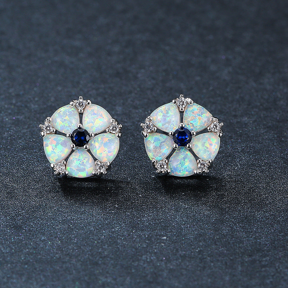 Women's Flower‑Shape Stud Earrings, Opal With Zirconia Inlay, White Gold Plating
