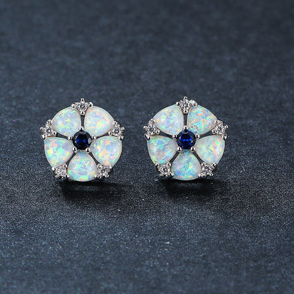 Women's Flower‑Shape Stud Earrings, Opal With Zirconia Inlay, White Gold Plating