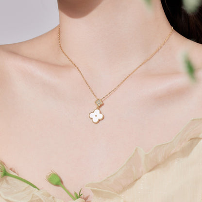 S925 Sterling Silver Four-Leaf Clover Necklace, White Round Zirconia & White Mother of Pearl Inlaid Niche Minimalist Jewelry