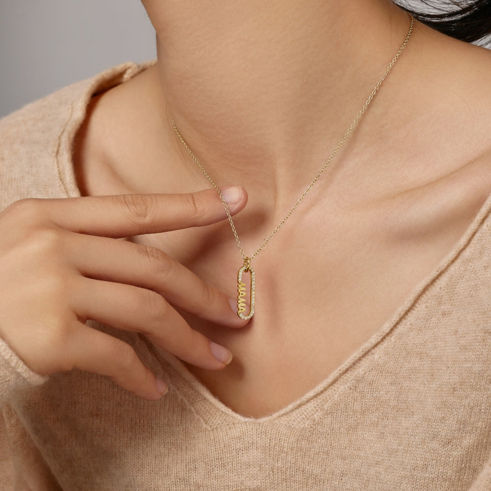 Women's MAMA Letter Pendant Necklace, Rectangle Frame Inlaid Zirconia, S925 with Gold Plating