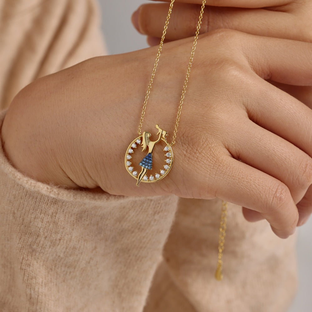 Women's Mom Holding Baby Pendant Necklace, Gradient White‑Blue Round Zirconia Inlay, S925 with Gold Plating