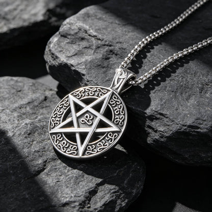 Men's Steel Pentagram Round Pendant Necklace