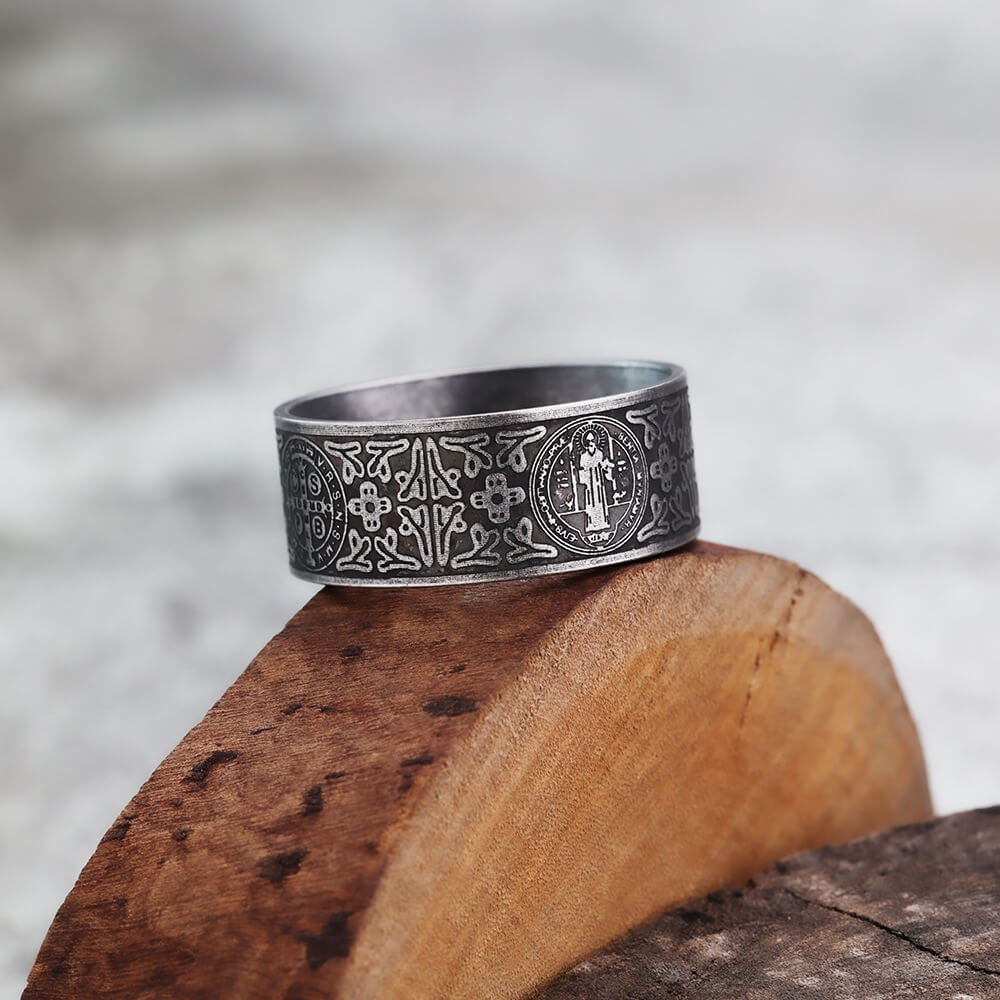 Vintage Solid Stainless Steel Dark Circle Saint Benedict Cross Ring for Men