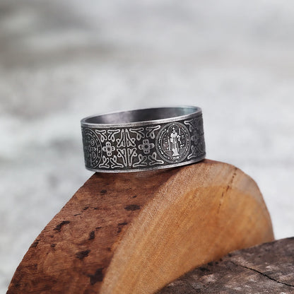 Vintage Solid Stainless Steel Dark Circle Saint Benedict Cross Ring for Men