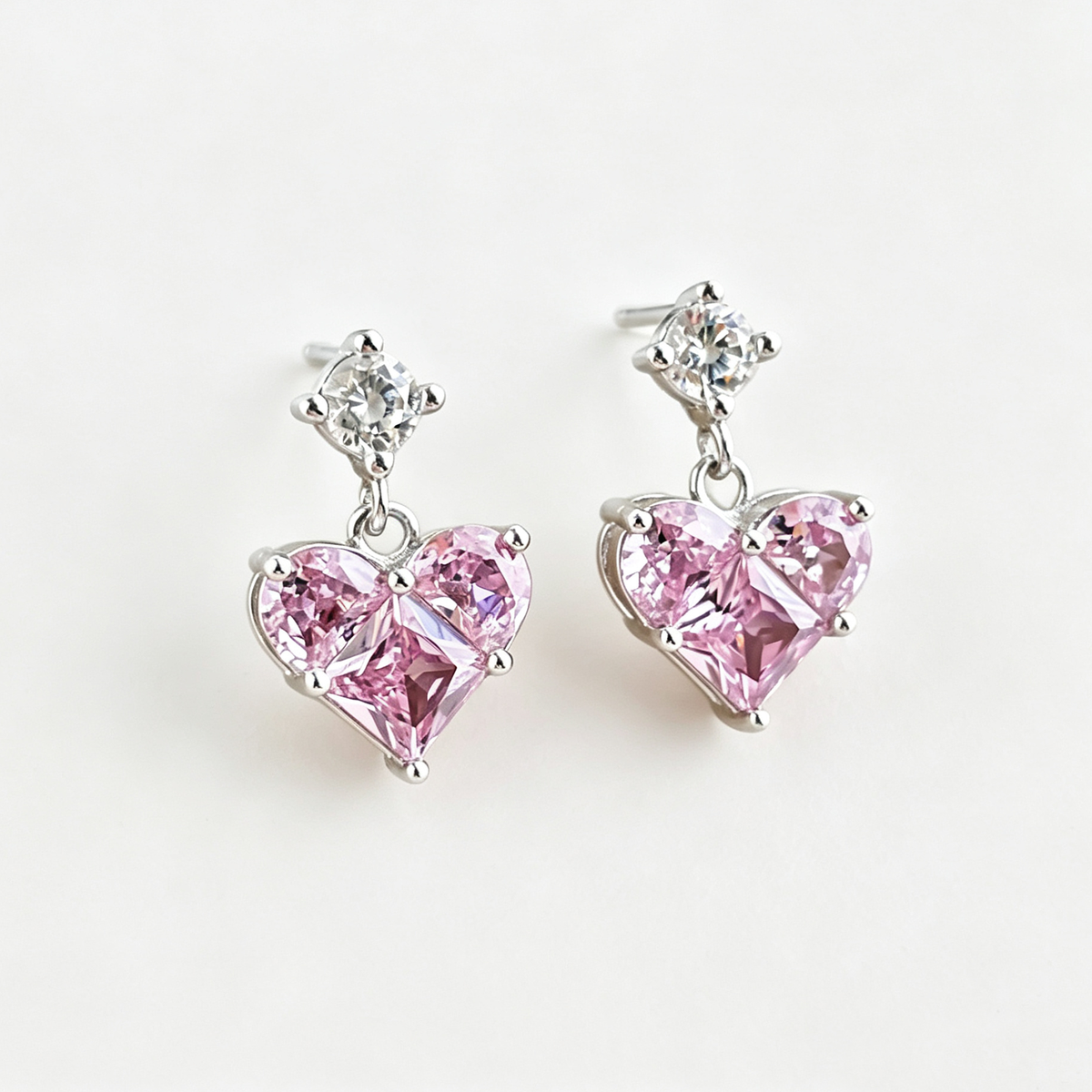 Women's Dangle Earrings, Pink Heart‑Shape Zirconia with Round Zirconia Accent, S925 with White Gold Plating