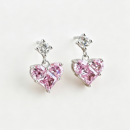 Women's Dangle Earrings, Pink Heart‑Shape Zirconia with Round Zirconia Accent, S925 with White Gold Plating