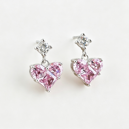 Women's Dangle Earrings, Pink Heart‑Shape Zirconia with Round Zirconia Accent, S925 with White Gold Plating