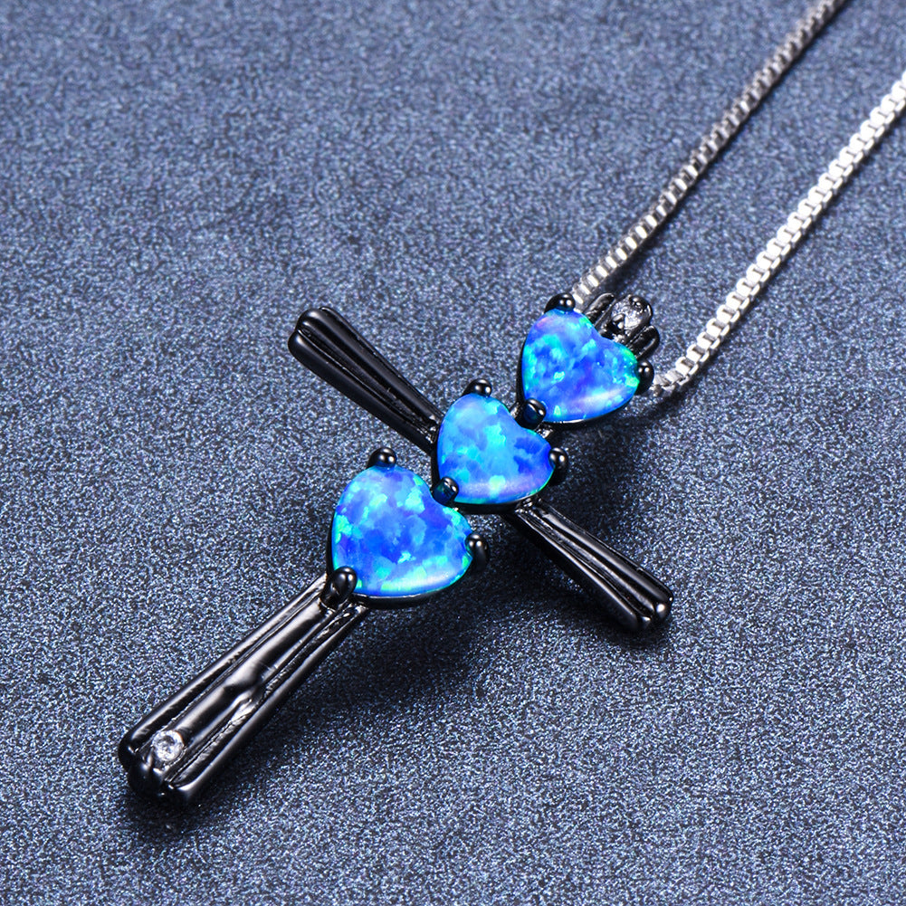 Three-love heart Opal Cross necklace