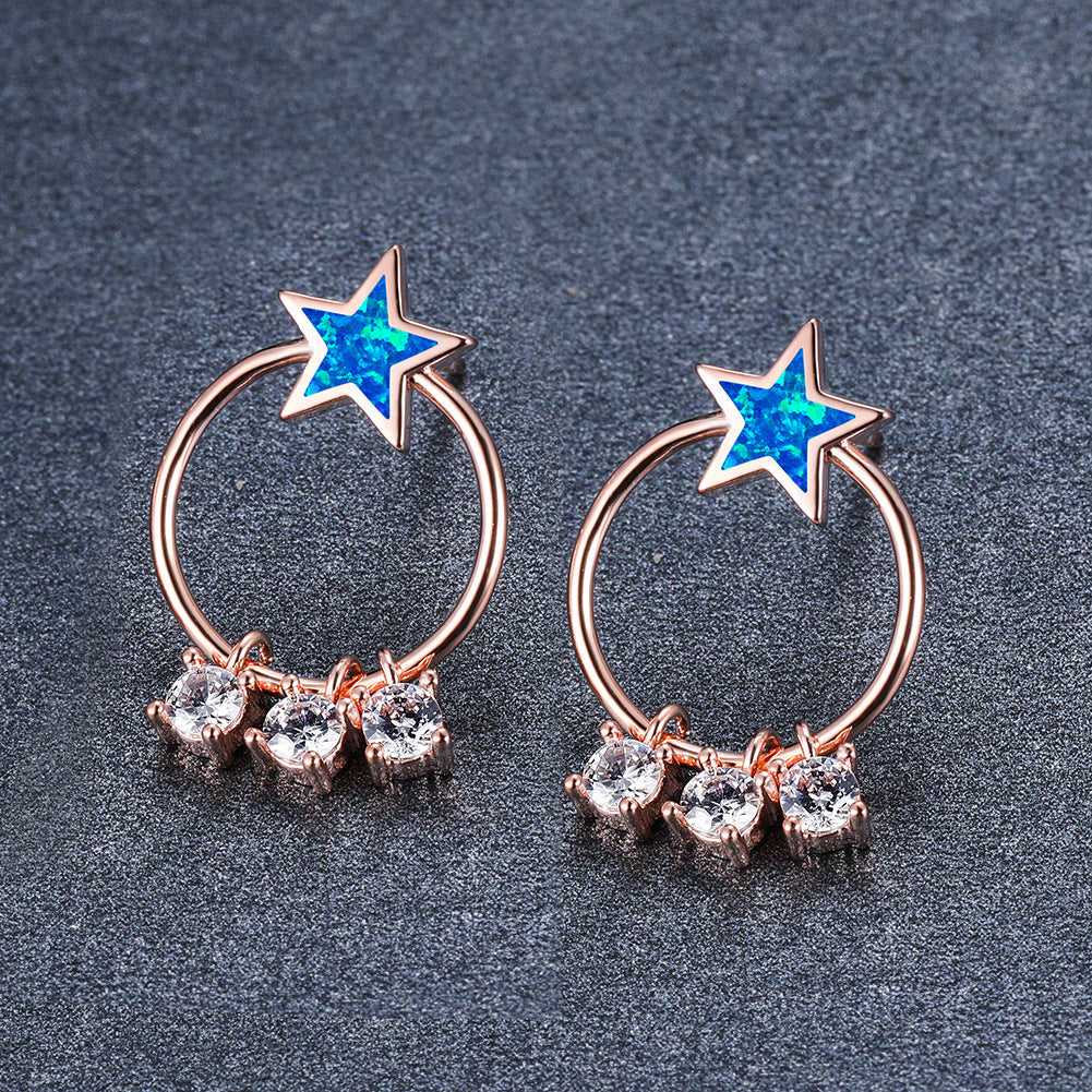 Women's Circle‑Hoop Star Blue & White Opal Dangle Zirconia Stud Earrings, White Gold Plating & Rose Gold Plating