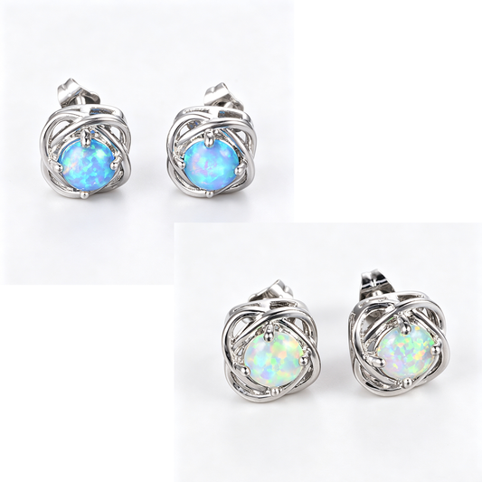 Women's Interwoven Hollow Round Stud Earrings, Blue Opal / White Opal, White Gold Plating