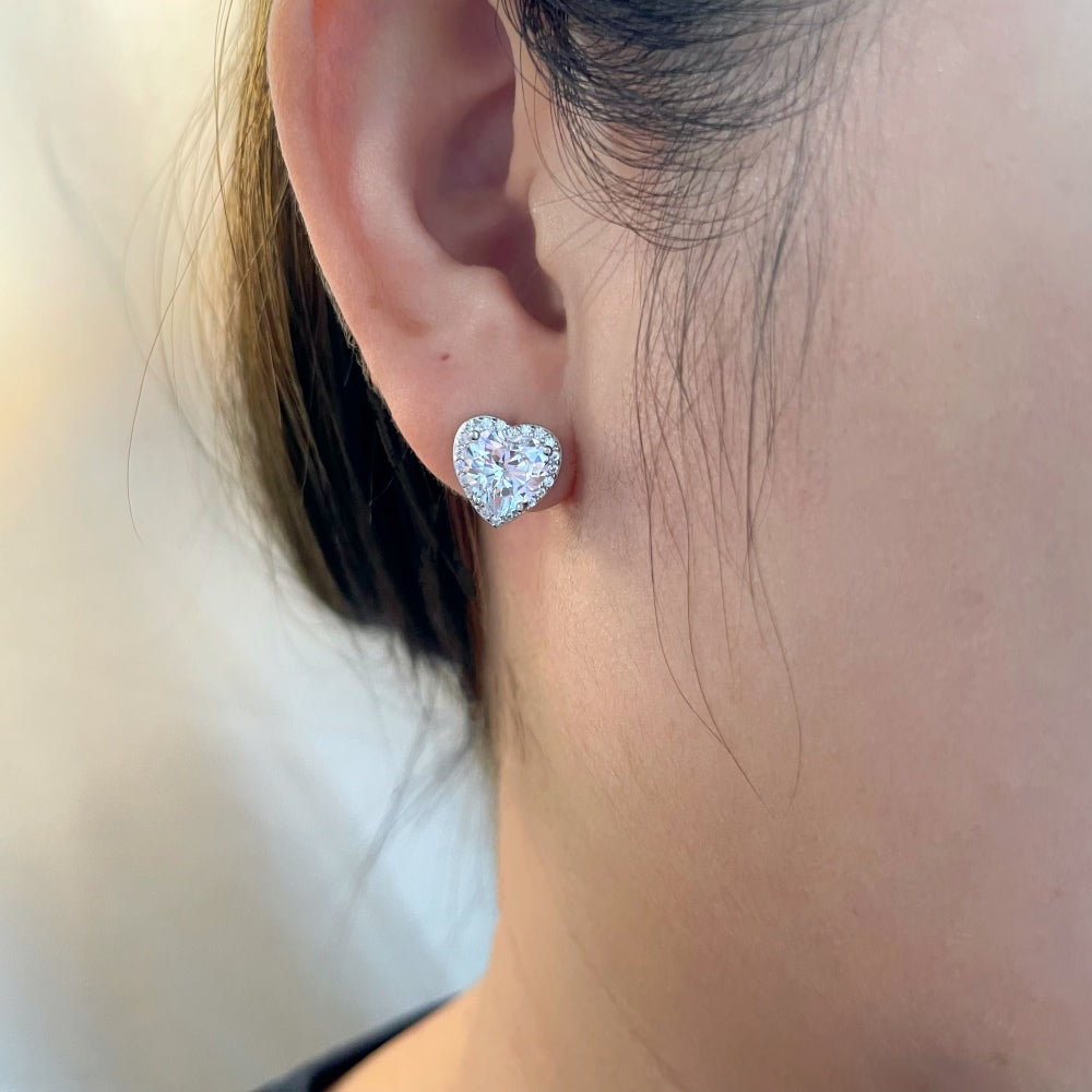 Women's Heart Halo Stud Earrings, Heart‑Shape Main Zirconia With Round Zirconia Halo, S925 with White Gold Plating