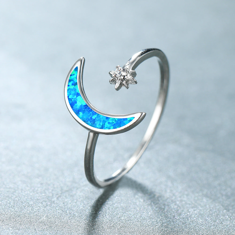 Women's Crescent Moon Shooting Star Opal with Zirconia Ring