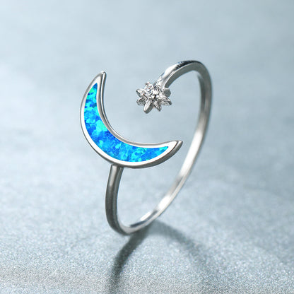 Women's Crescent Moon Shooting Star Opal with Zirconia Ring