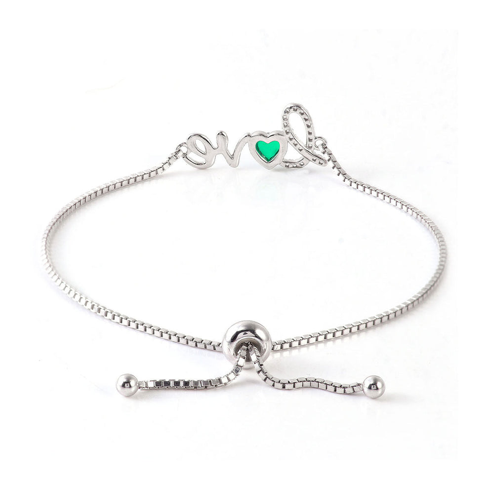 Women's White Gold LOVE Post Heart Shape Emerald Adjustable Bracelet
