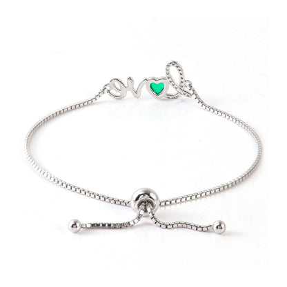 Women's White Gold LOVE Post Heart Shape Emerald Adjustable Bracelet