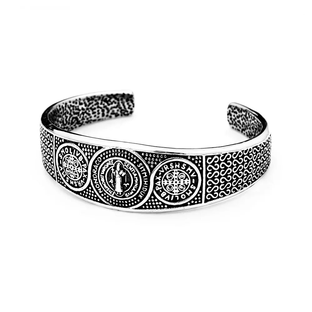 Vintage Punk St. Benedict Open C Bracelet for Men, Trendy Personality Stainless Steel Retro Adjustable Cuff Bangle Jewelry