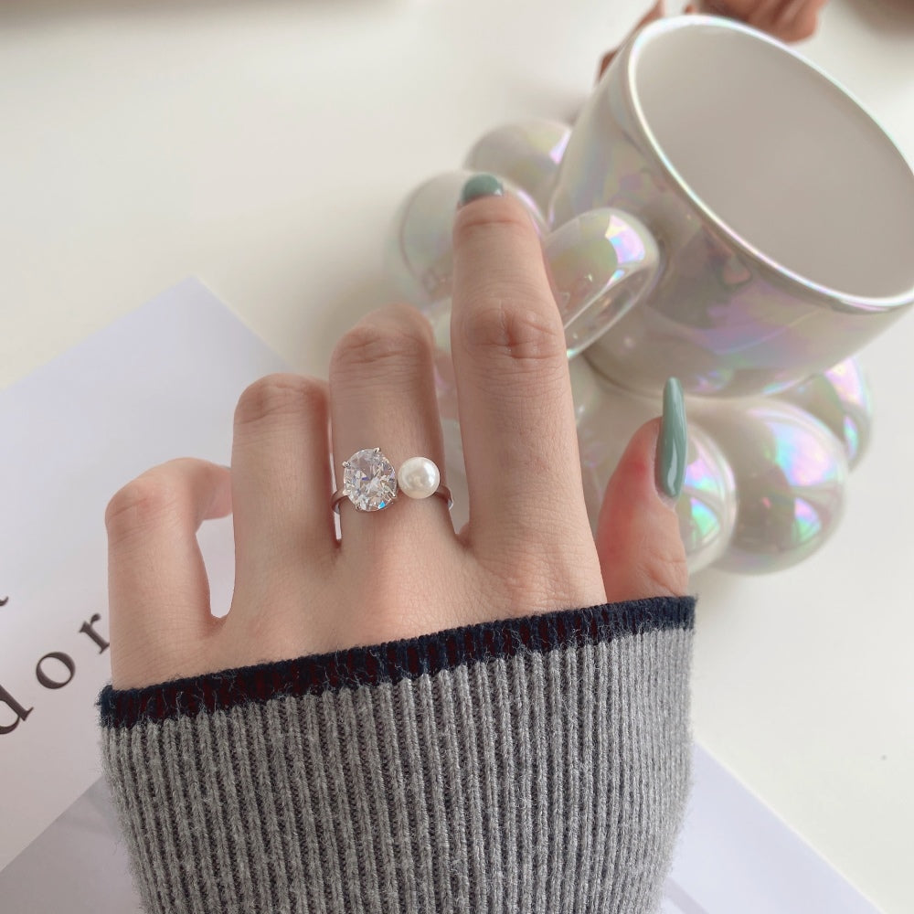 Women's Oval Zirconia Pearl Accent Ring, S925 with White Gold Plating