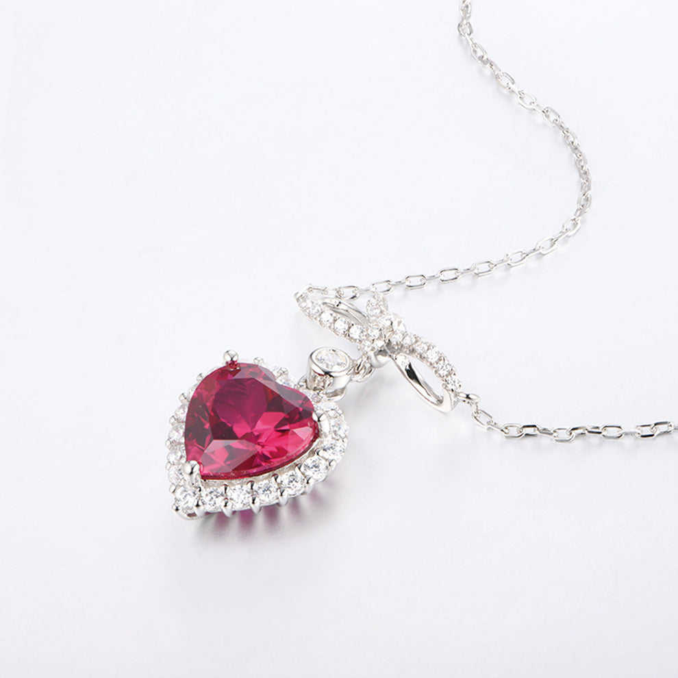 Women's Bow-knot Heart Ruby Gem Pendant with Worldwide Setting Full Diamond