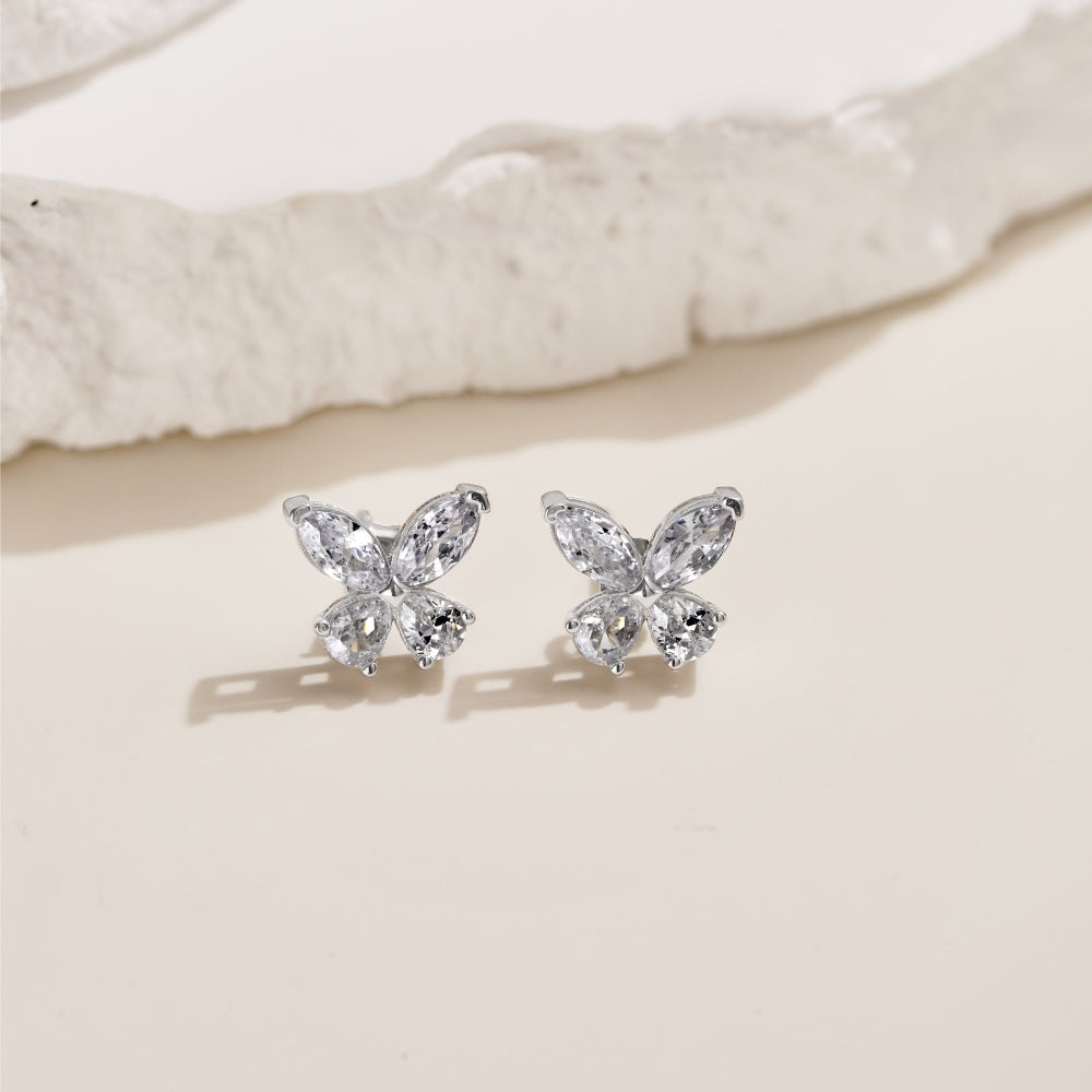 Women's Butterfly Stud Earrings, Marquise Clear Zirconia, S925 with White Gold Plating