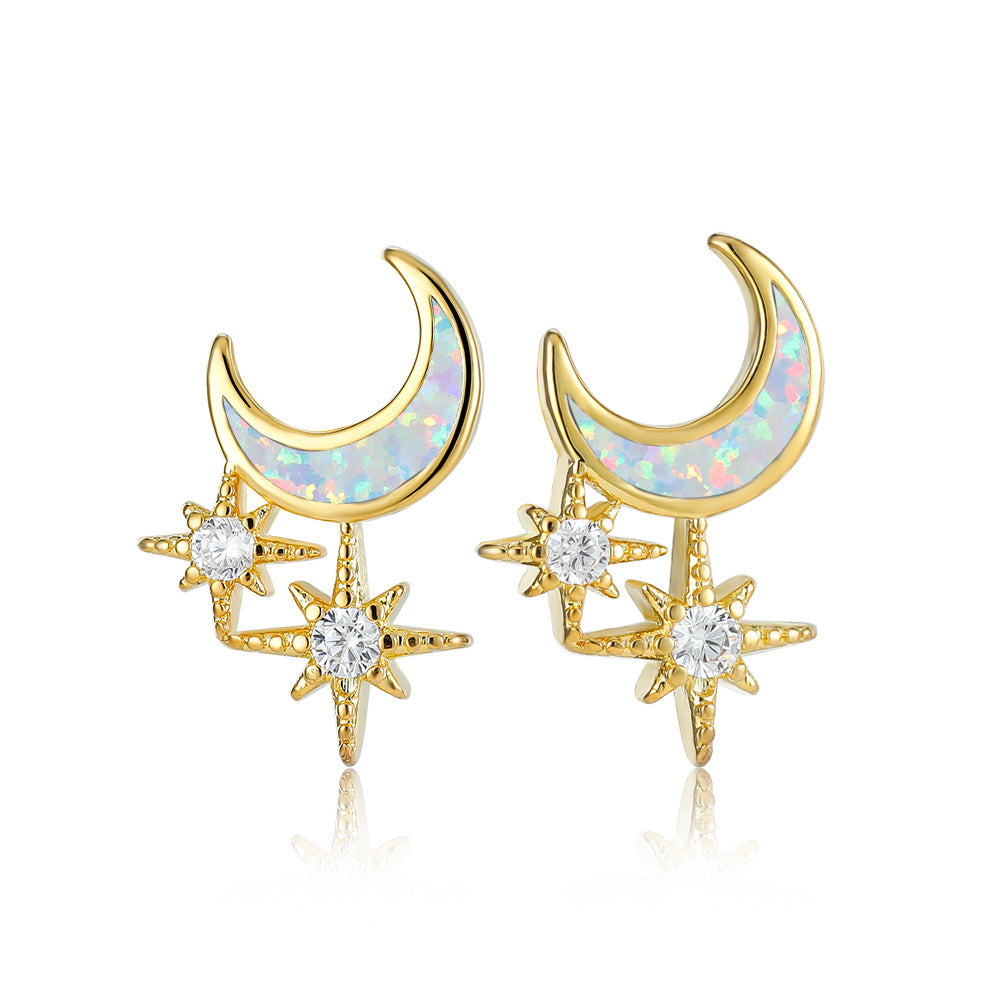 Women's Moon & Star Stud Earrings Inlaid with Blue Opal & White Opal and Round Zirconia