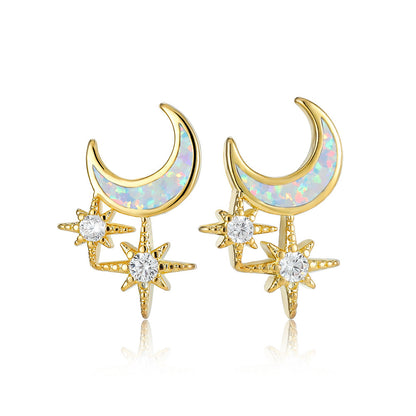 Women's Moon & Star Stud Earrings Inlaid with Blue Opal & White Opal and Round Zirconia