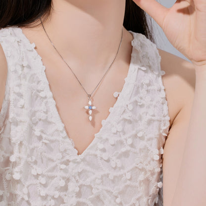 Women's Cross Pendant Necklace, Inlaid Blue Zirconia, S925 with White Gold Plating