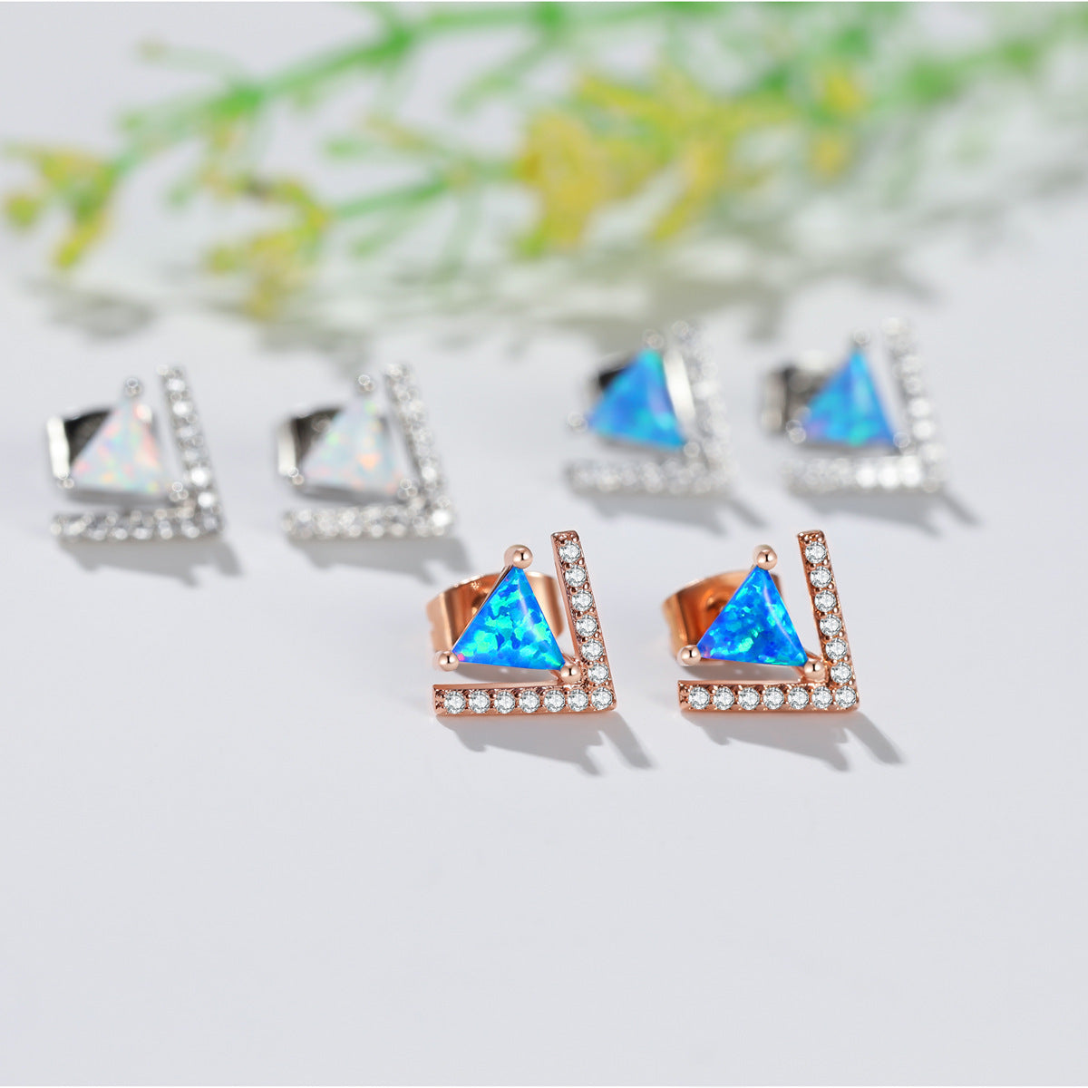 Women's V‑Shaped Triangle Opal Stud Earrings With Zirconia Inlay, White Gold Plating / Rose Gold Plating