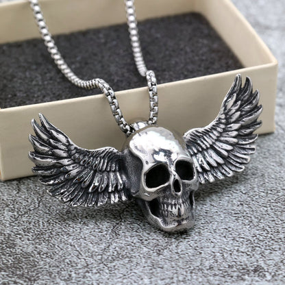 Men's Steel 3D Relief Winged Skull Pendant Necklace