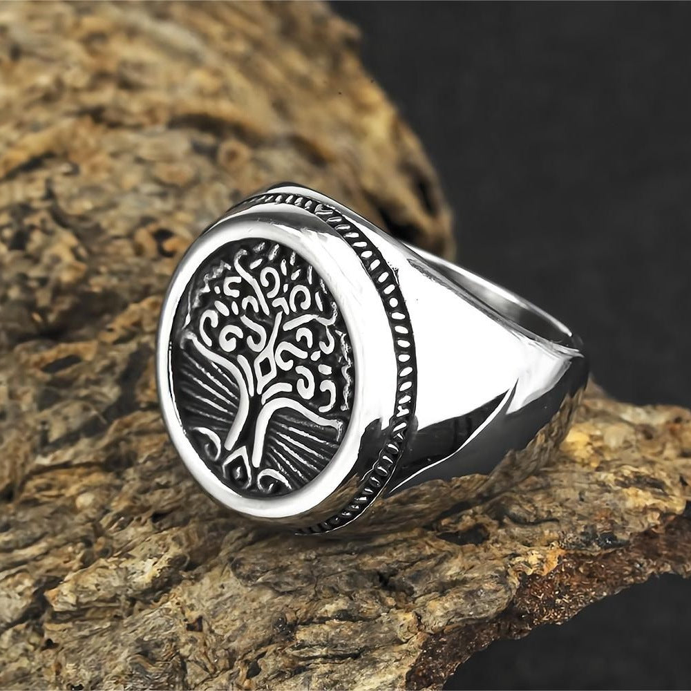 Vintage Solid Stainless Steel Round Tree of Life Signet Ring for Men