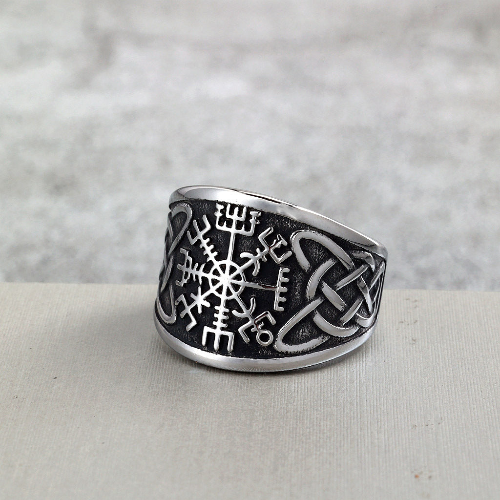 Vintage Solid Stainless Steel Viking Compass Rune Ring for Men