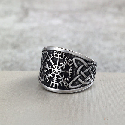 Vintage Solid Stainless Steel Viking Compass Rune Ring for Men