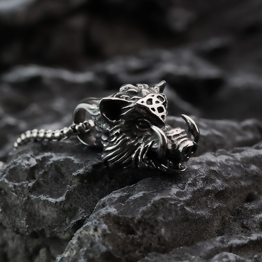 Mens Steel 3D Wild Boar Pendant Necklace