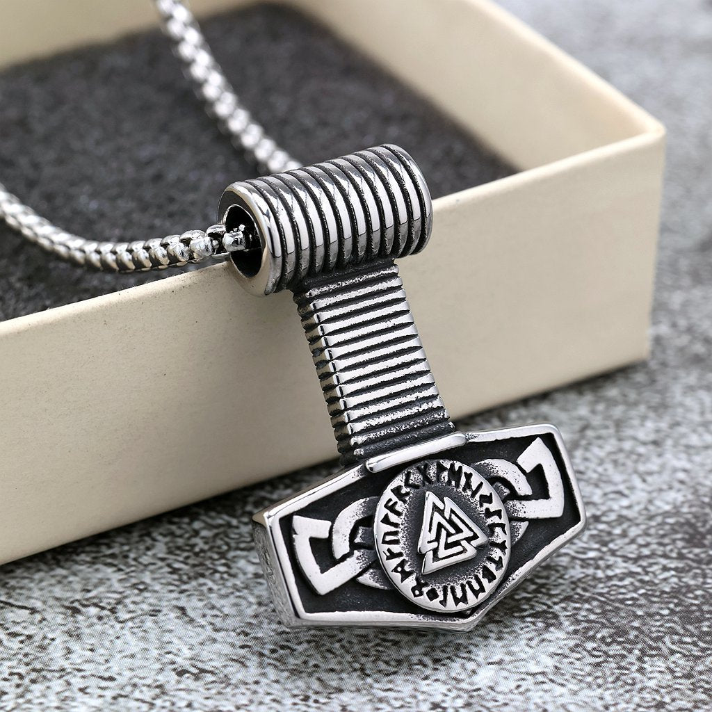 Men's Steel Valknut Mjolnir Pendant Necklace
