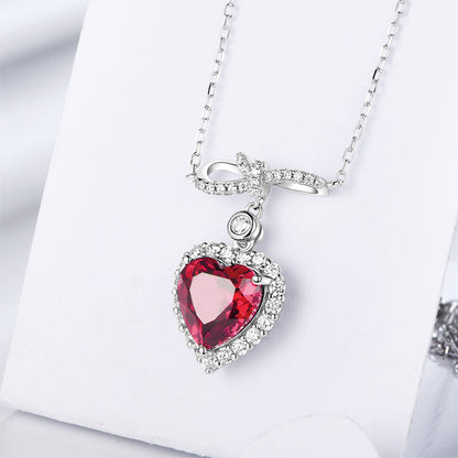 Women's Bow-knot Heart Ruby Gem Pendant with Worldwide Setting Full Diamond