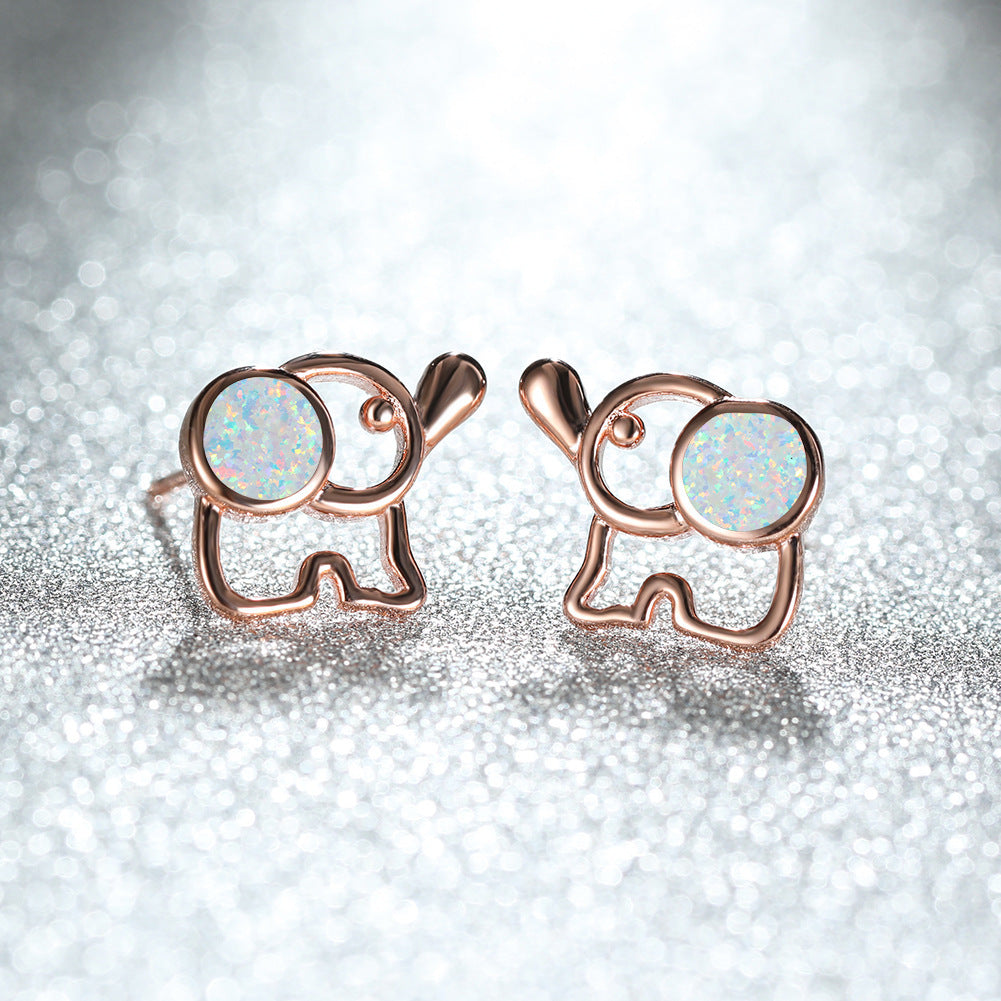 Women's Hollow Elephant‑Shape Stud Earrings, Blue Opal / White Opal Inlay