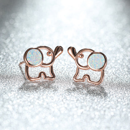 Women's Hollow Elephant‑Shape Stud Earrings, Blue Opal / White Opal Inlay
