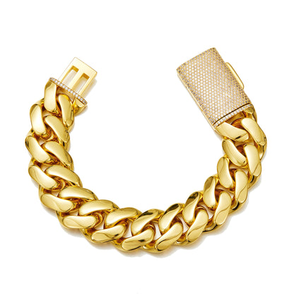 Men’s Gold Stainless Steel Thin Cuban Link Bracelet, Flip Clasp with Rhinestones Fashion Hip Hop Wrist Jewelry