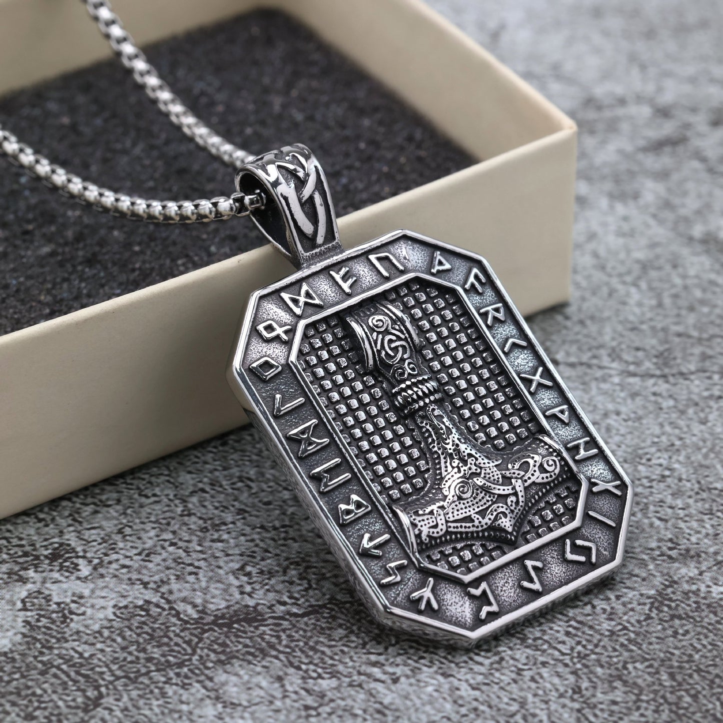 Vintage Stainless Steel Viking Rune Hammer Tag Pendant Necklace for Men