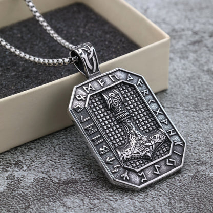 Vintage Stainless Steel Viking Rune Hammer Tag Pendant Necklace for Men