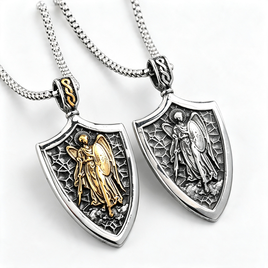 Vintage Stainless Steel Men's Shield St. Michael Angel Pendant Necklace