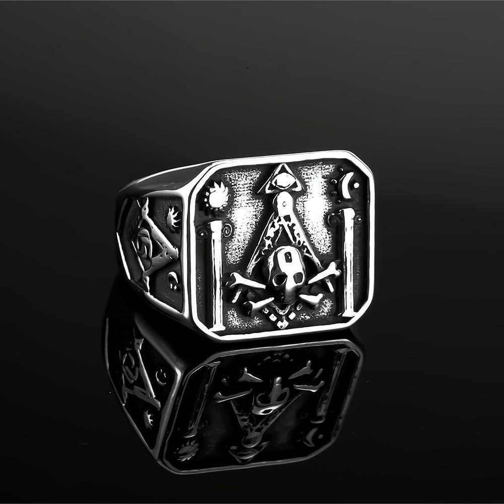 Vintage Stainless Steel AG Masonic Skull Square Statement Ring for Men
