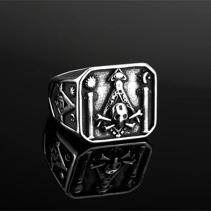 Vintage Stainless Steel AG Masonic Skull Square Statement Ring for Men