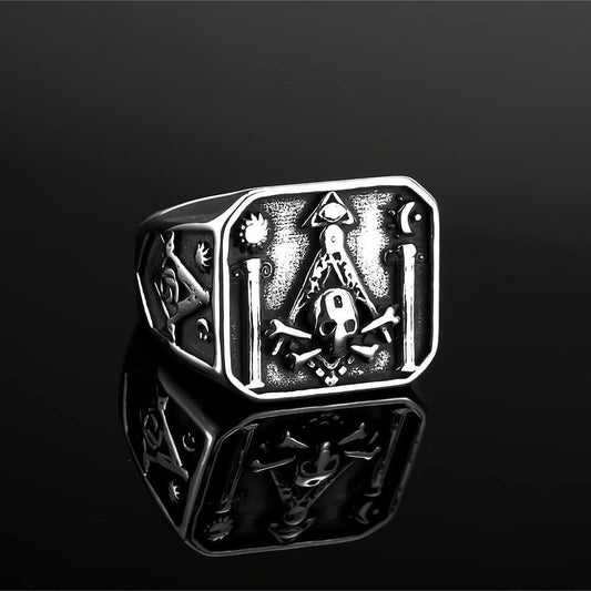 Vintage Stainless Steel AG Masonic Skull Square Statement Ring for Men
