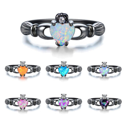 Women's Black Plated Heart Shape Multi Opal With Zirconia ring