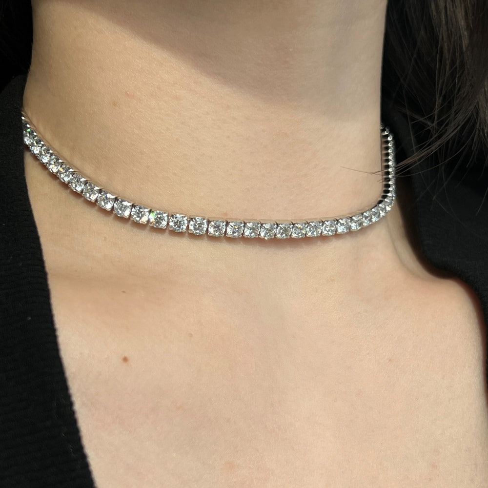 S925 Tennis Necklace, Prong Set Single Row Square CZ, Sparkling Full Zircon Hip Hop Extended Chain Choker
