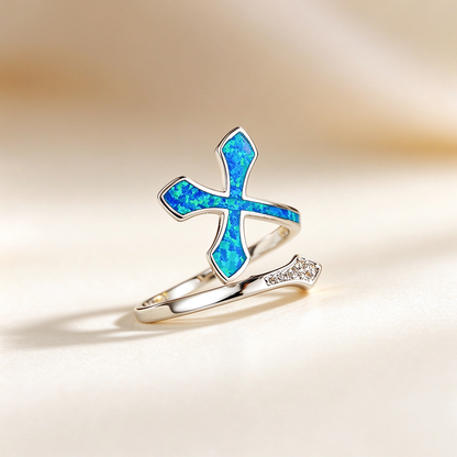 Women's Cross Opal with Zirconia Adjustable Ring